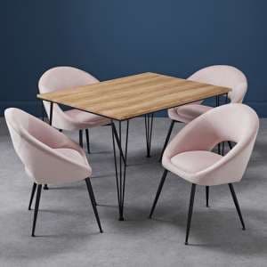 Lyza Small Oak Wooden Dining Table With 4 Lacee Pink Chairs