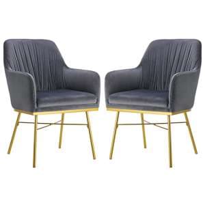 Mace Grey Velvet Dining Armchair With Gold Metal Legs In Pair - UK