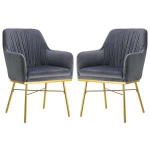 Mace Grey Velvet Dining Armchair With Gold Metal Legs In Pair