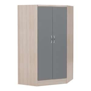 Mack Corner High Gloss Wardrobe With 2 Doors In Grey And Light Oak - UK
