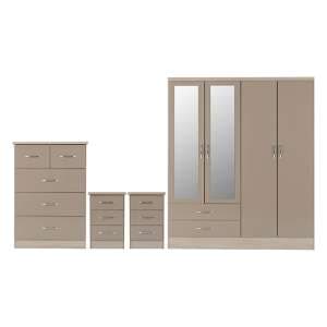 Mack Gloss Bedroom Set With 4 Doors Wardrobe In Oyster Light Oak - UK