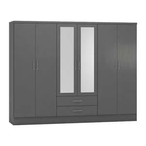 Mack Mirrored Wardrobe With 6 Doors 2 Drawers In 3D Effect Grey