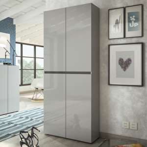 Maestro High Gloss Shoe Cabinet Tall 4 Doors 10 Shelves In Grey - UK