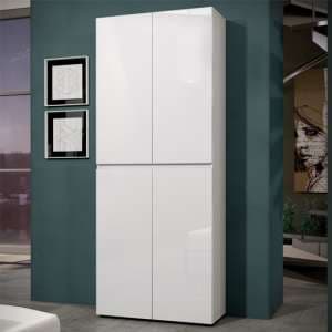 Maestro High Gloss Shoe Cabinet Tall 4 Doors 10 Shelves In White - UK