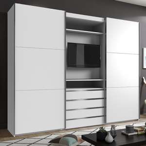 Magic Wooden Sliding Door Wide Wardrobe In White With TV Shelf