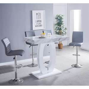 Halo Magnesia Marble Effect Bar Table With 4 Ripple Grey Stools - UK