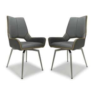 Mosul Swivel Leather Effect Graphite Grey Dining Chairs In Pair