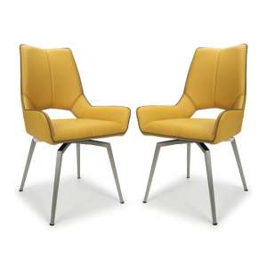 Mosul Swivel Leather Effect Yellow Dining Chairs In Pair - UK