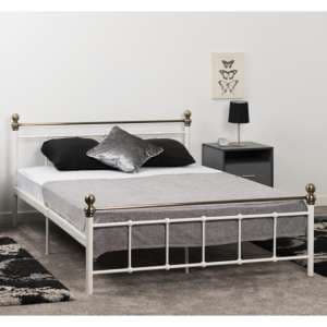 Malabo Metal Double Bed In White And Antique Brass - UK