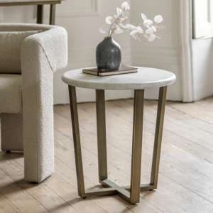 Malang Wooden Side Table Round In Travertine Marble Effect - UK
