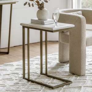 Malang Wooden Side Table In Travertine Marble Effect - UK