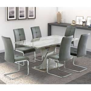 Malin Grey High Gloss Dining Table With 6 Flotin Grey Chairs