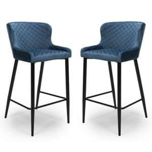 Malmo Blue Velvet Fabric Bar Stool With Metal Base In Pair - UK