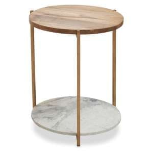 Mania Round Natural Wooden Top Side Table With Gold Frame - UK
