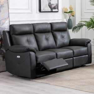 Manila Electric Leather Recliner 3 Seater Sofa In Anthracite - UK