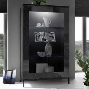 Manvos Wooden Display Cabinet In Black High Gloss Marble Effect