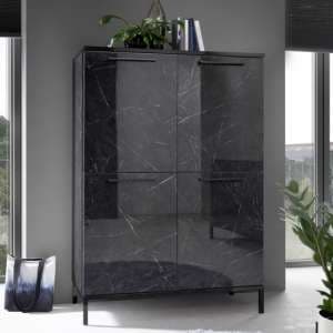 Manvos Wooden Highboard In Black High Gloss Marble Effect