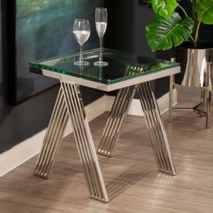 Markeb Square Clear Glass Top End Table With Silver Steel Frame - UK