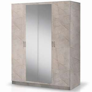 Mayon Mirrored Wooden 4 Doors Wardrobe In Grey Marble Effect