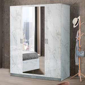 Mayon Mirrored Wooden 4 Doors Wardrobe In White Marble Effect