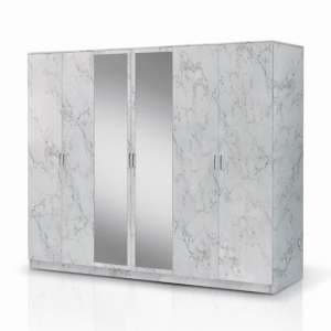 Mayon Mirrored Wooden 6 Doors Wardrobe In White Marble Effect