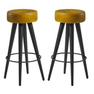 Medina Round Vintage Gold Faux Leather Bar Stools In Pair - UK