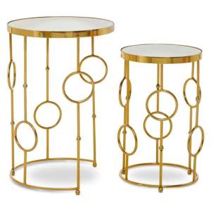 Mekbuda Round White Glass Top Nest Of 2 Tables With Gold Frame