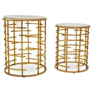 Mekbuda Round White Marble Top Nest Of 2 Tables With Gold Frame