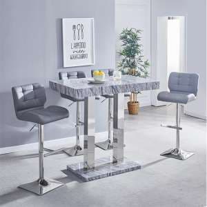 Melange Marble Effect Bar Table With 4 Candid Grey Stools