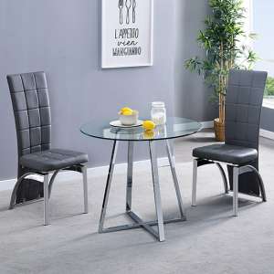 Melito Round Glass Dining Table With 2 Ravenna Grey Chairs