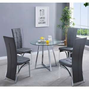 Melito Round Glass Dining Table With 4 Ravenna Grey Chairs
