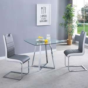 Melito Square Glass Dining Table With 2 Petra Grey White Chairs