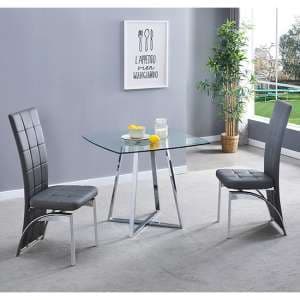 Melito Square Glass Dining Table With 2 Ravenna Grey Chairs