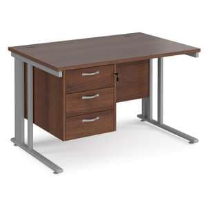Melor 1200mm Computer Desk In Walnut And Silver With 3 Drawers - UK
