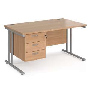 Melor 1400mm Cantilever 3 Drawers Computer Desk In Beech Silver - UK