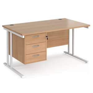 Melor 1400mm Cantilever 3 Drawers Computer Desk In Beech White - UK