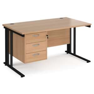 Melor 1400mm Computer Desk In Beech And Black With 3 Drawers - UK