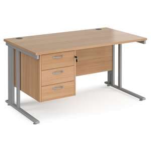 Melor 1400mm Computer Desk In Beech And Silver With 3 Drawers - UK