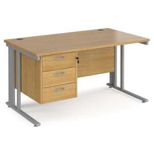 Melor 1400mm Computer Desk In Oak And Silver With 3 Drawers - UK