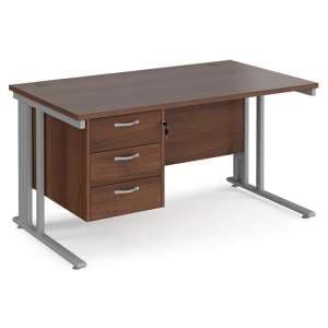 Melor 1400mm Computer Desk In Walnut And Silver With 3 Drawers - UK