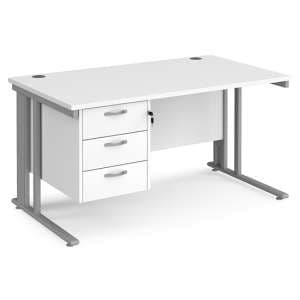 Melor 1400mm Computer Desk In White And Silver With 3 Drawers - UK