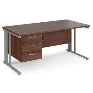Melor 1600mm Computer Desk In Walnut And Silver With 3 Drawers - UK