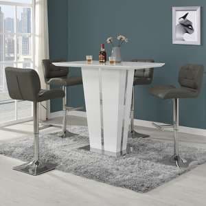 Memphis Glass White High Gloss Bar Table 4 Candid Grey Stools - UK