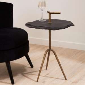 Menkent Black Stone Top Side Table With Antique Brass Legs - UK