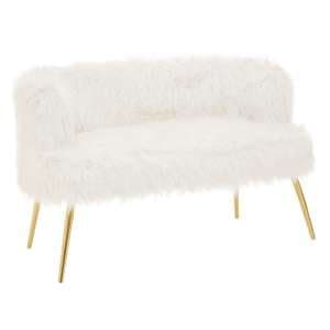 Merope Upholstered Faux Fur Sofa With Gold Metal Legs In White - UK