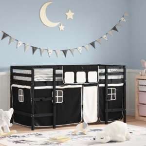Messina Kids Pinewood Loft Bed In Black With White Black Curtains - UK