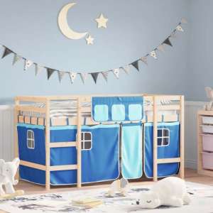 Messina Kids Pinewood Loft Bed In Natural With Blue Curtains - UK