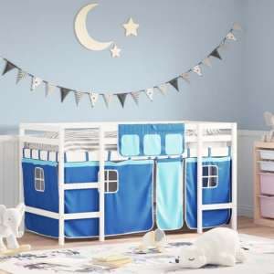 Messina Kids Pinewood Loft Bed In White With Blue Curtains - UK