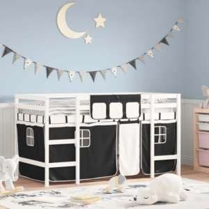 Messina Kids Pinewood Loft Bed In White With White Black Curtains - UK