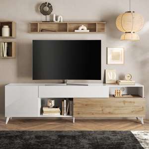 Milan High Gloss TV Stand Large With 2 Doors In White Cadiz Oak - UK